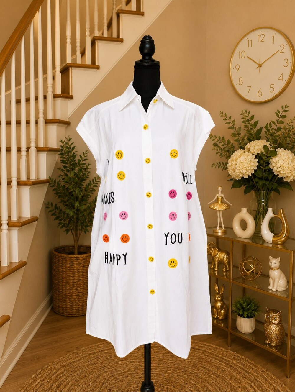 White Button-Front Smiley Face Shirt Dress
